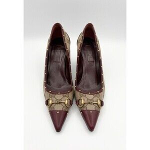 Gucci Brown Canvas Pointed Toe Heels Gold Studs Horsebit Maroon Leather EU 35